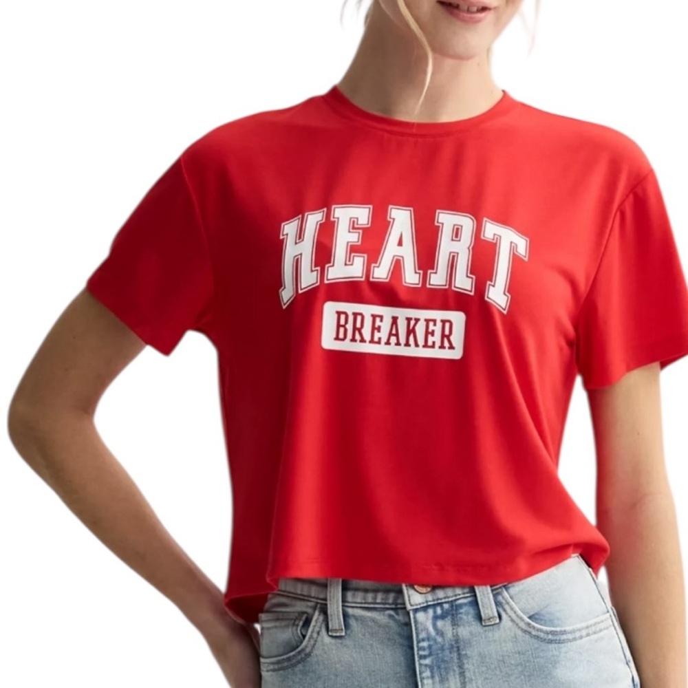 Heart Breaker Cropped Tee Crewneck Short Sleeve Red and White Junior Size S